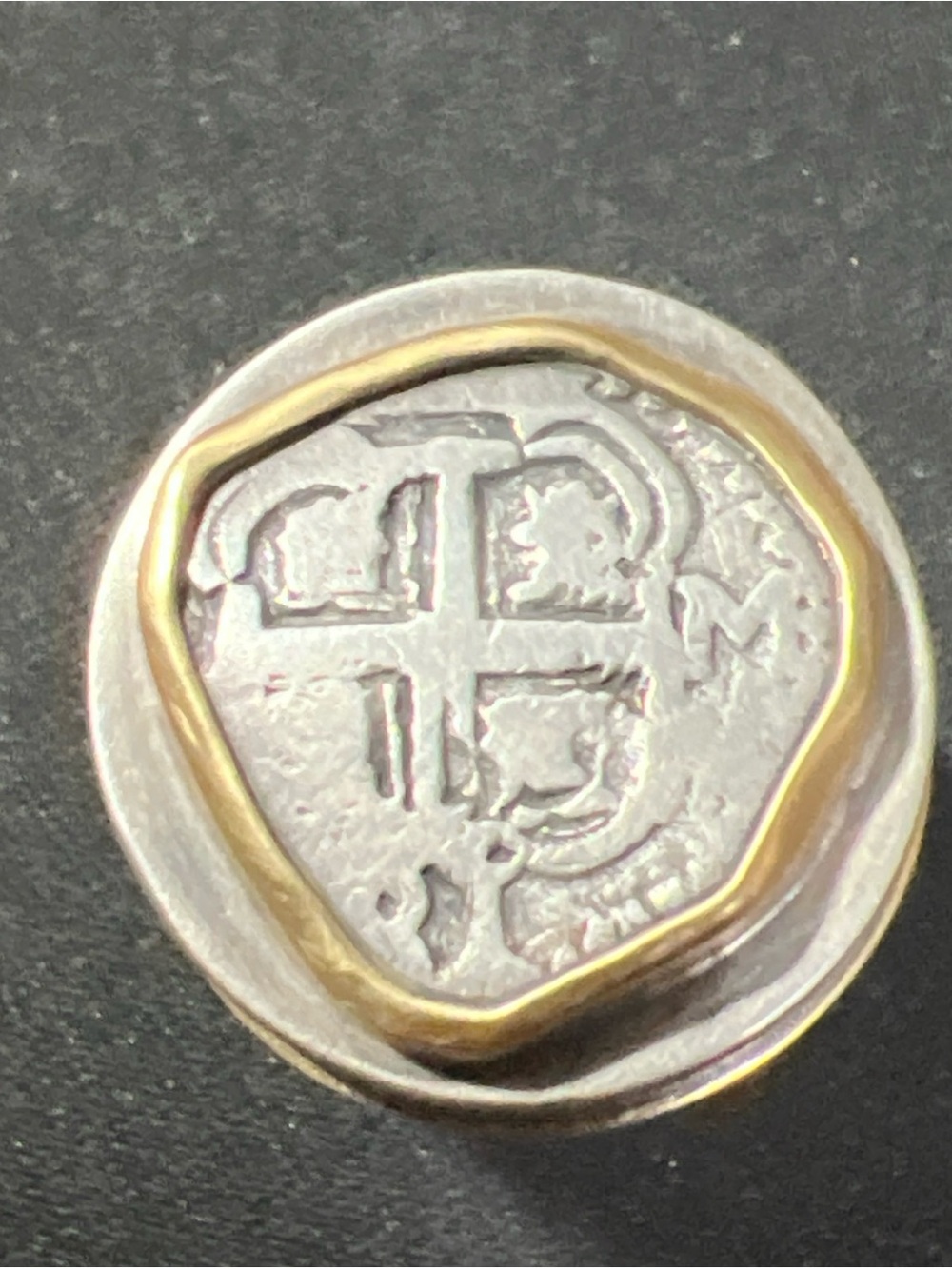 Shipwreck Treasure Spanish Silver Colonial Cob Coin Set In 18k Yellow Gold Bezel
